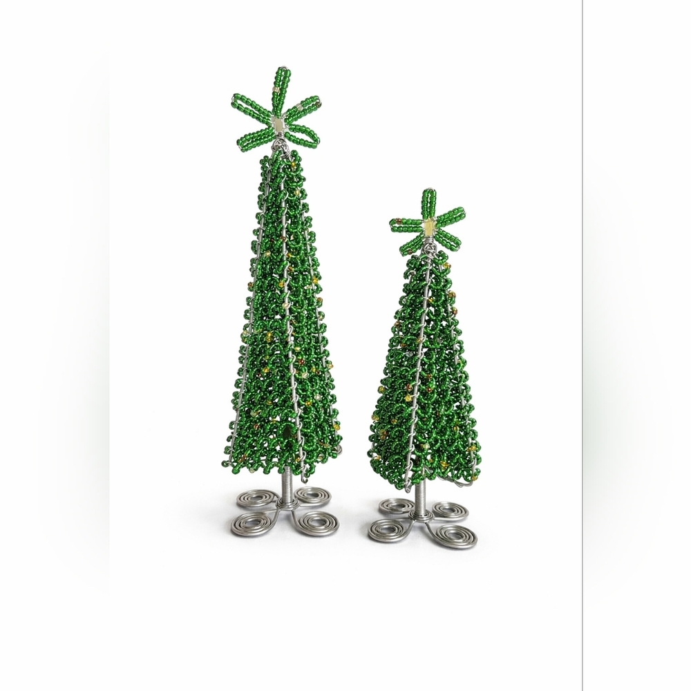 Handmade Beaded Wire Christmas Tree Decor Set – Gold Holiday Tabletop Decor